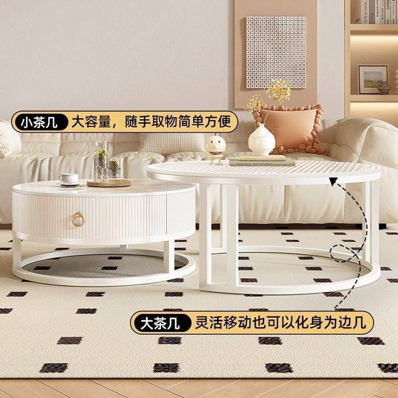 奶油大小圆形茶几小户型组合现代简约客厅家用可伸缩茶桌