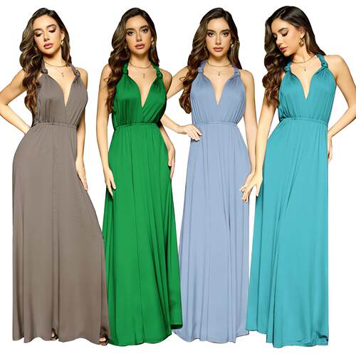 Wearing multiple straps, big swing dress, backless