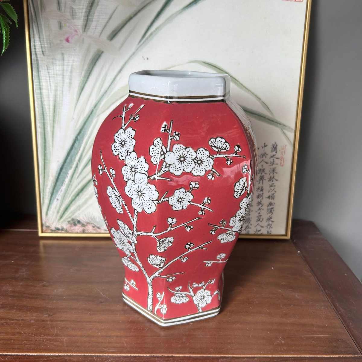 新摆件酒店软装样板房景德镇中式干花花瓶花瓶陶瓷花瓶红色家居