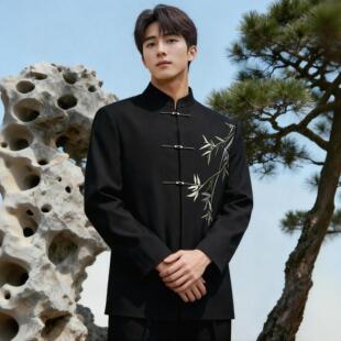 男士翠竹刺绣中山装国风立领西装外套新郎结婚订婚新中式西服套装