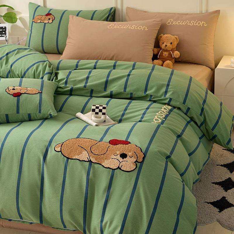 秋冬A类加厚纯棉磨毛床上四件套100全棉毛巾绣卡通被套床单人床品