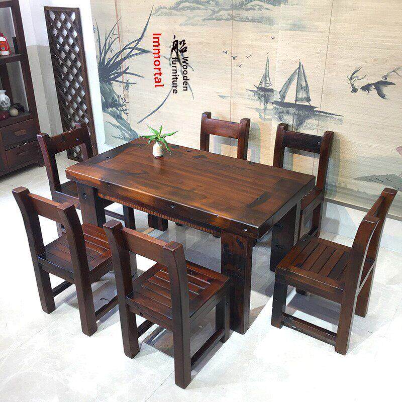 正品老船木餐桌椅组合实木餐桌家用客厅干泡茶台老船板餐厅餐台