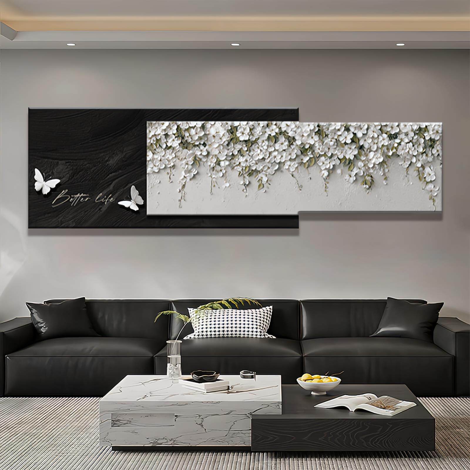 现代简约客厅大白墙装饰画浮雕立体感沙发背景墙挂画花卉组合壁画