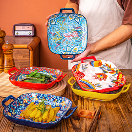 波西米亚双耳正方陶瓷盘子创意，家用菜盘网红水果意面盘烤箱微波炉