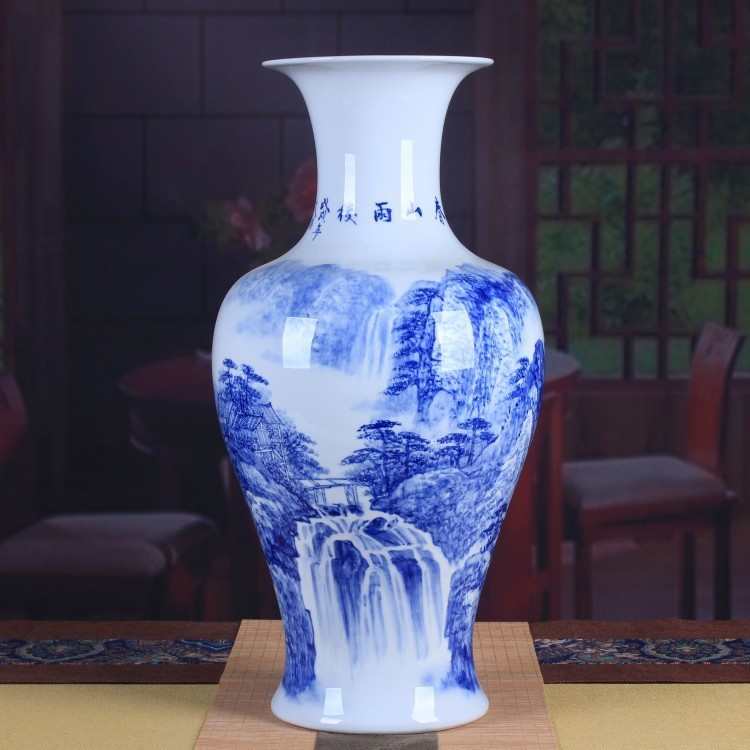 大号花瓶家居山水落装饰品景德镇地大摆件手绘插花中式瓷瓶陶瓷器