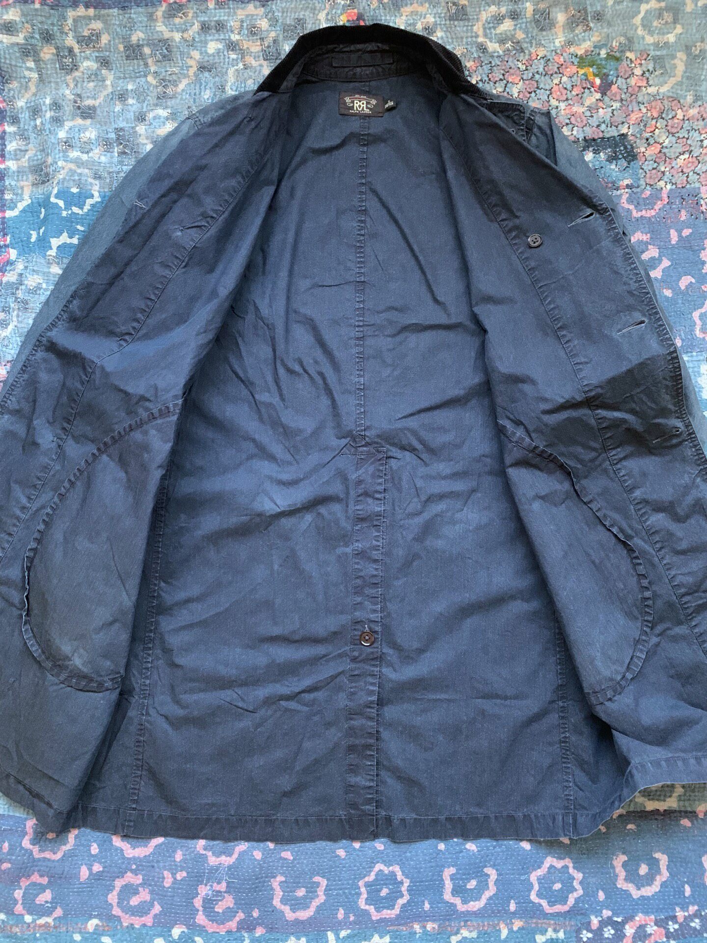 RRL Distressed Corduroy Collar Trench Coat — label