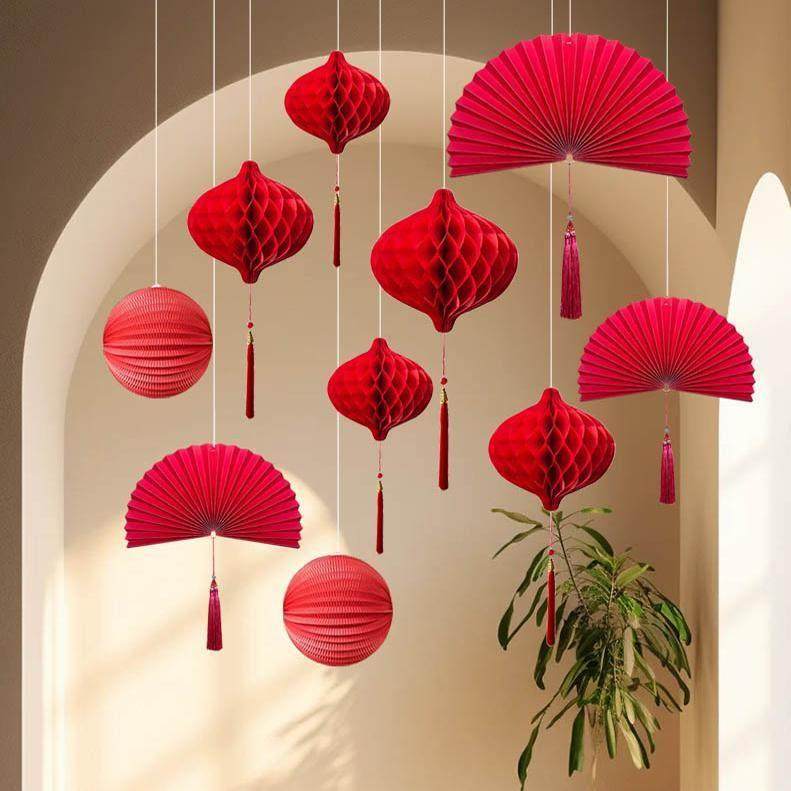 2026新年元旦氛围感灯笼挂件新中式橱窗装饰葫芦纸扇吊顶装扮套餐