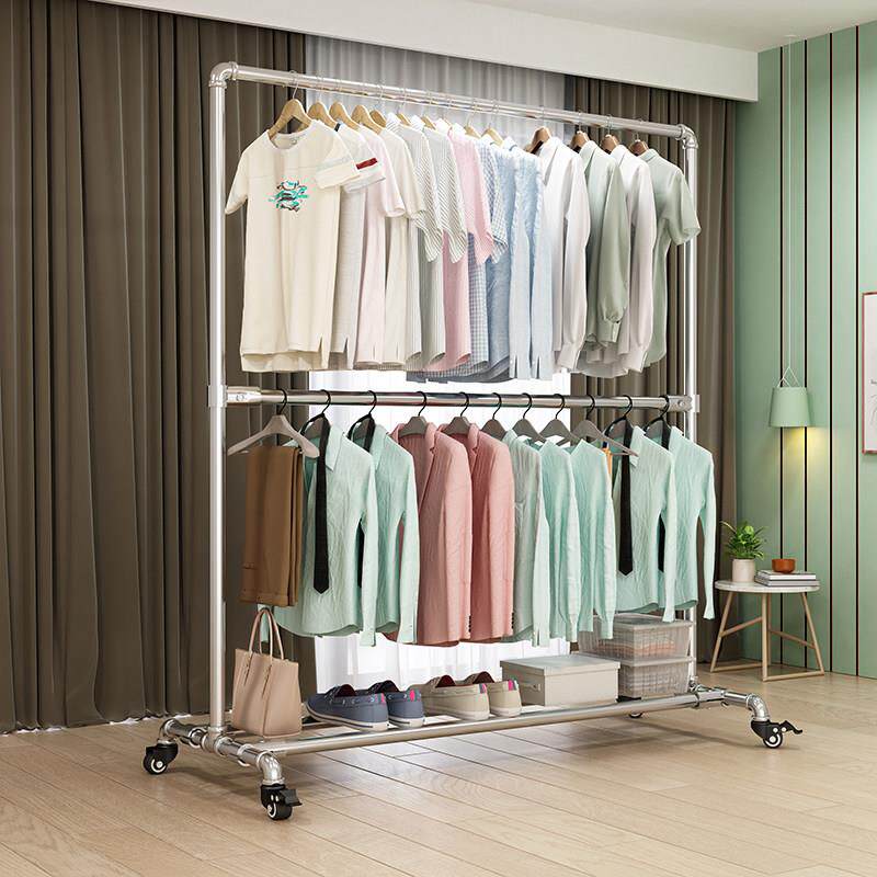 镀锌钢管晾衣架落地阳台室内家用简易结实宿舍卧室上下挂衣服架子