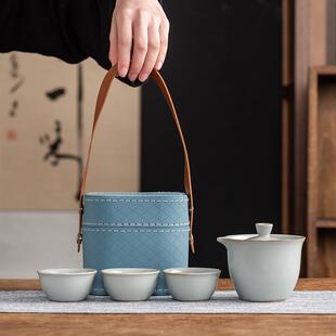青瓷哥窑开片可养户外便携旅行茶具套装 一壶三杯快客茶杯礼品