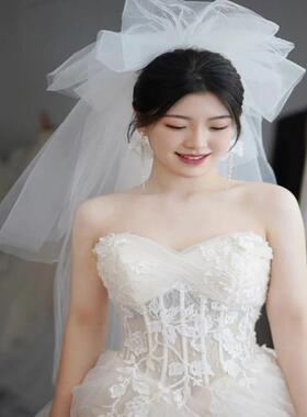 白色头纱新娘结婚主婚纱领证拍照道具造型蓬蓬松法式简单高级韩式
