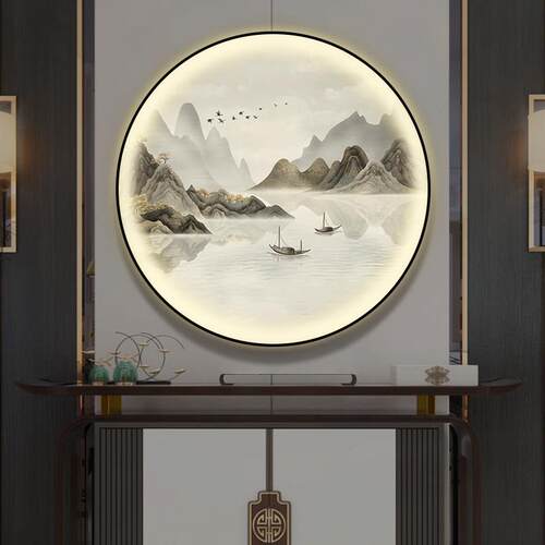 新中式入户玄关装饰画灯画圆形山水画客厅风景画走廊过道茶室挂画