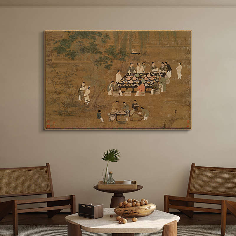 文会图新中式餐厅横幅装饰画茶室背景墙明清古典挂画玄关竖版带框
