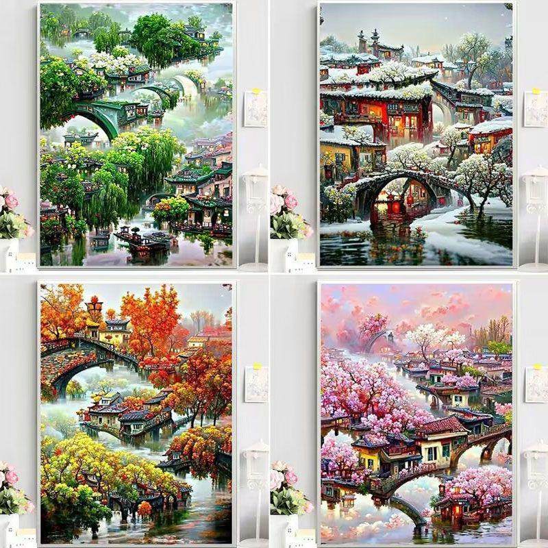 V3FP春夏秋冬四季十字绣2023新款客厅绣线满绣风景山水画四联画手