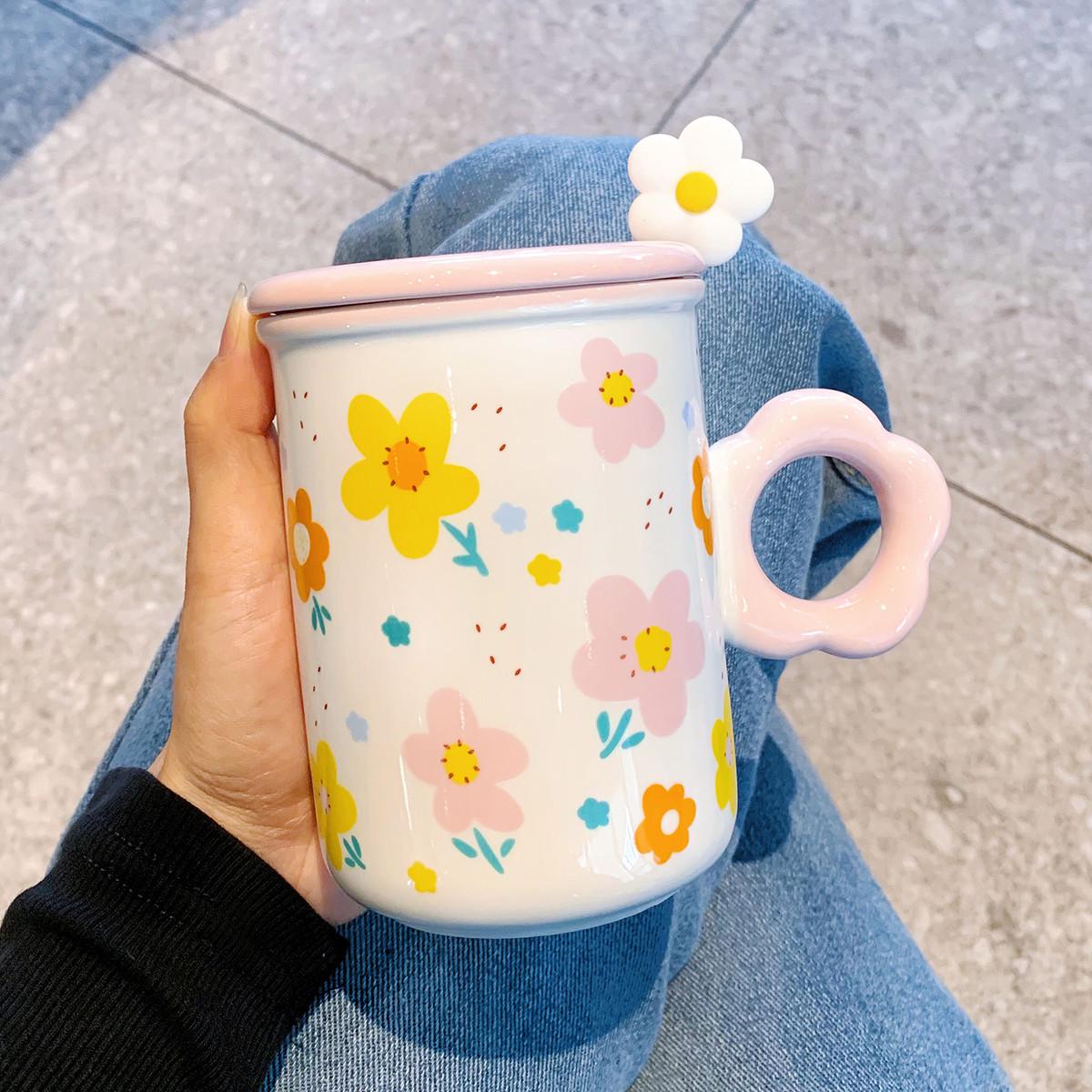 高颜值花朵陶瓷杯子带盖带勺子女生家用水杯马克杯办公室咖啡茶杯