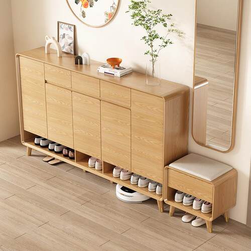 北欧入户鞋柜家用门口原木风室内实木坐凳一体玄关柜新款2025爆款