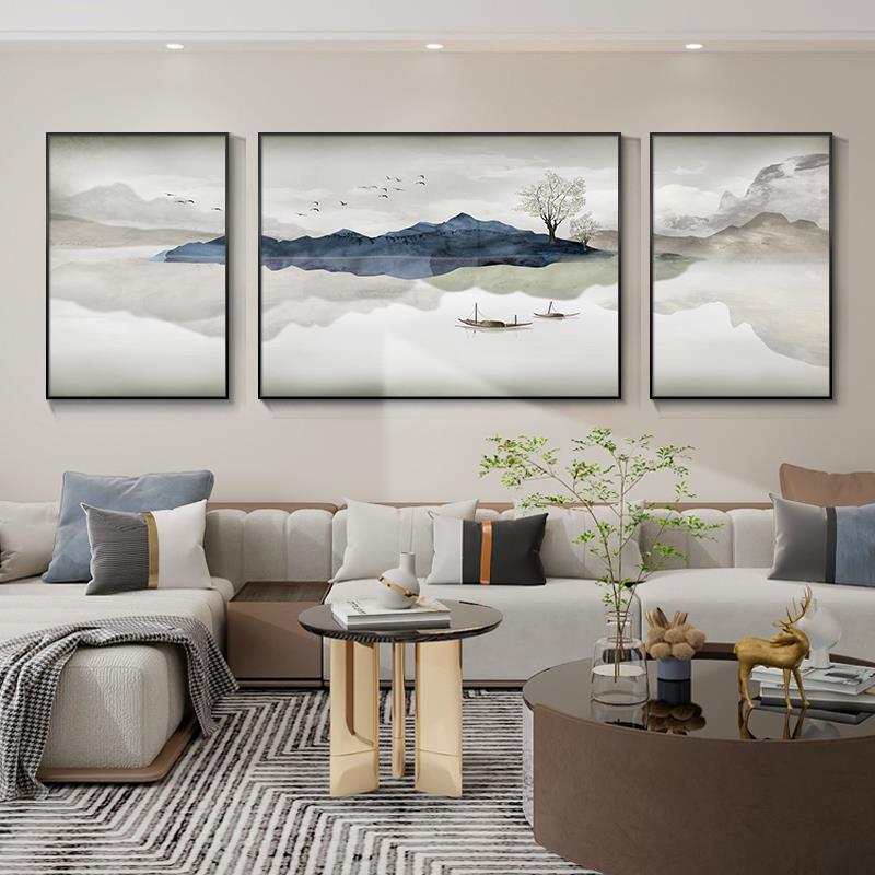 客厅装饰画新中式山水风景壁画沙发背景墙挂画现代高档大气三联画