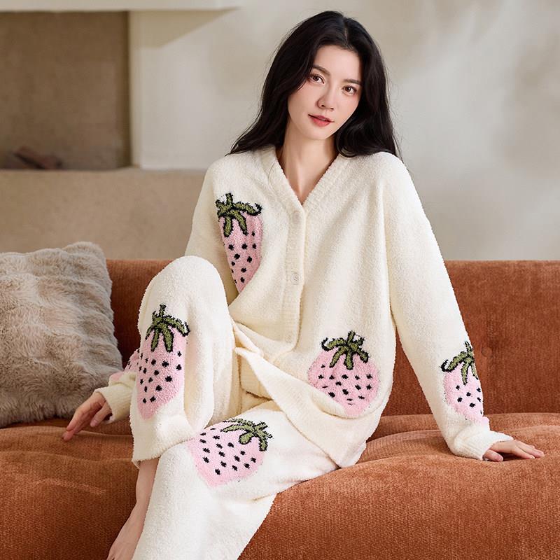 女士睡衣秋冬季冬天半边绒加绒加厚保暖珊瑚绒冬款家居服草莓套装