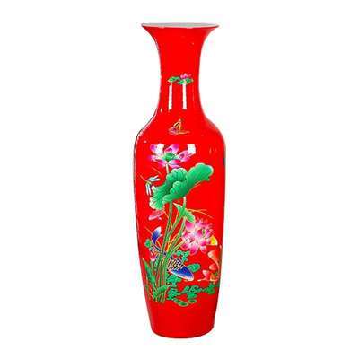 景德镇陶瓷器中国红黄色牡丹大号落地花瓶客厅插花装饰新中式摆件