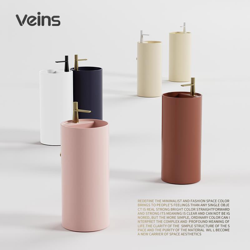 VEINS彩色阳台立柱盆陶瓷一体落地式洗手盆圆形立柱式洗脸盆酒店