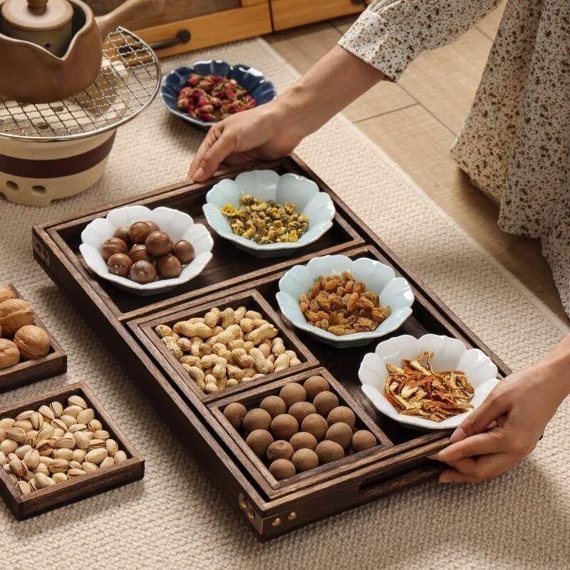 中式果盘干果盘点心盘围炉煮茶七件套早生贵子喜盘桐木茶盘木托盘