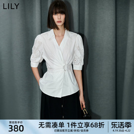 LILY2024夏女装设计感不对称腰带浪漫泡泡袖衬衫雪纺衫上衣女