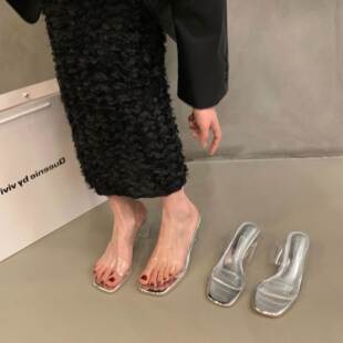 月落少女~ITSK凉拖女夏外穿透明水晶跟粗跟银色高跟拖鞋