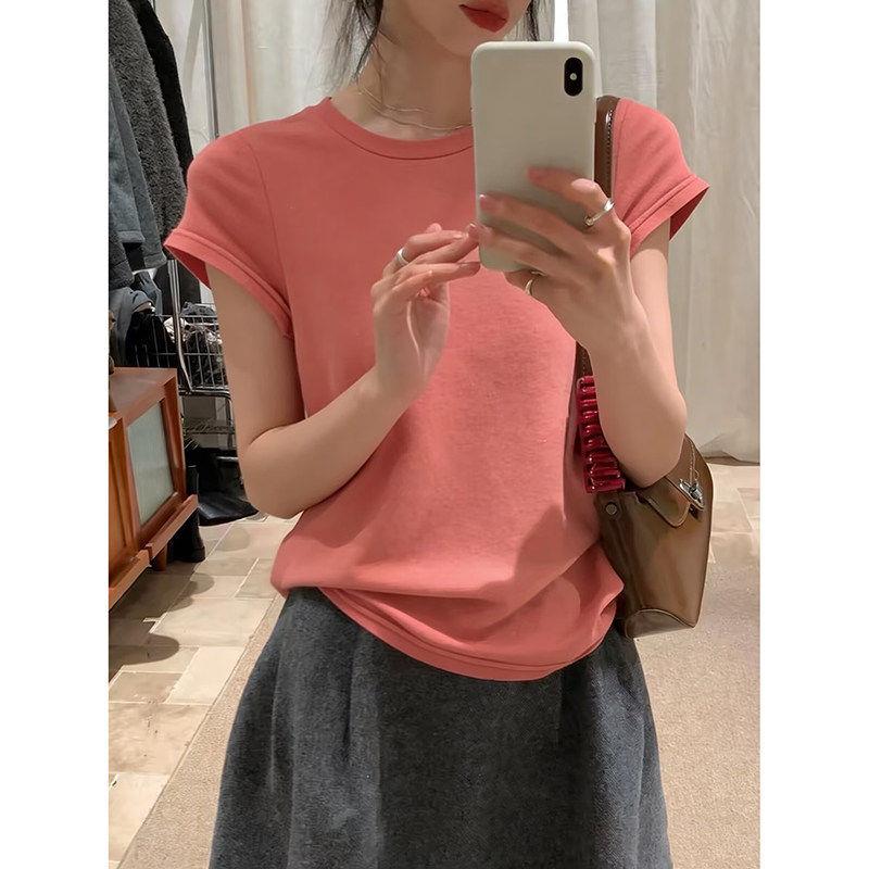 美式辣妹西瓜红T恤正肩小飞袖圆领短袖T恤女夏季下摆无缝设计款