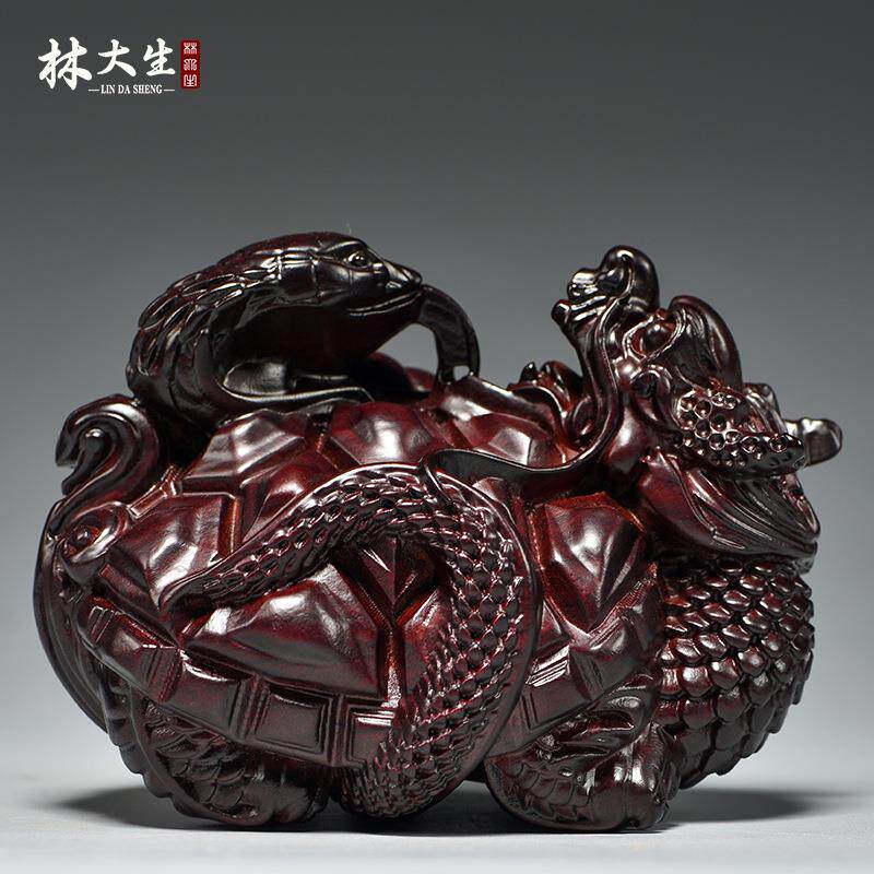 黑檀木雕刻龙龟摆件玄武神兽实木龟蛇四方神兽客厅办公卧室装饰品