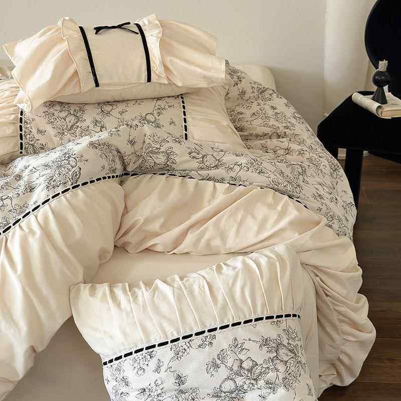 四上法式100S高支亲肤棉件套纯棉.SWC8m浪1漫褶皱花边被套床单床