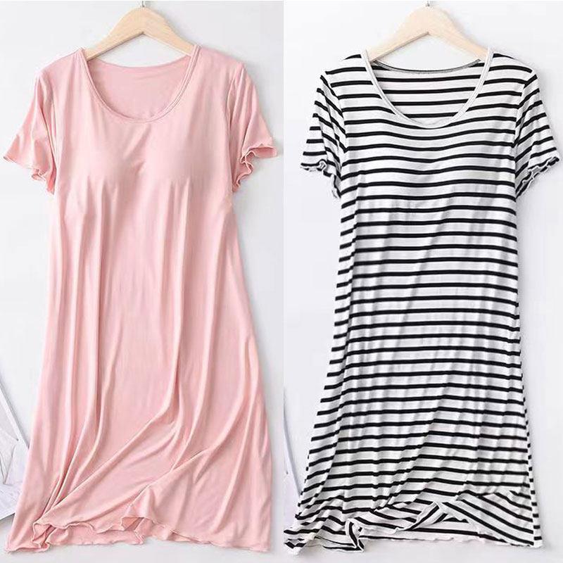 带胸垫睡裙睡衣女夏季薄款免文胸自带胸垫一体式短袖家居服莫代尔