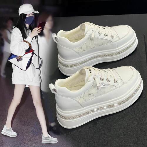 9厘米增高~夏季网纱水钻拼色厚底小白鞋女仙女风休闲小个子板鞋
