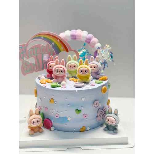 拉布布生日蛋糕装饰植绒软胶Labubu兔头摆件彩虹烘焙甜品台插件