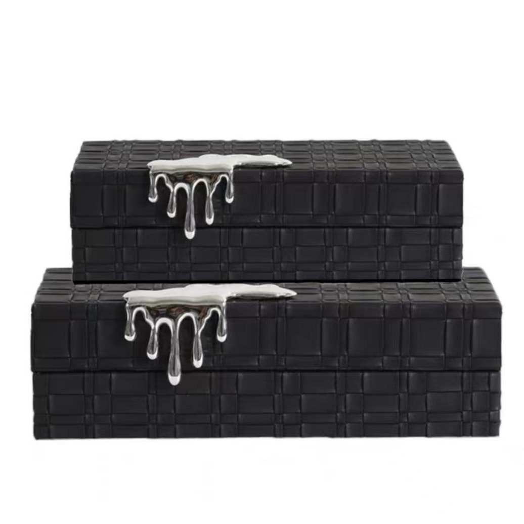 现代方格编织皮革装饰盒轻奢创意桌面首饰盒摆件玄关卧室梳妆台