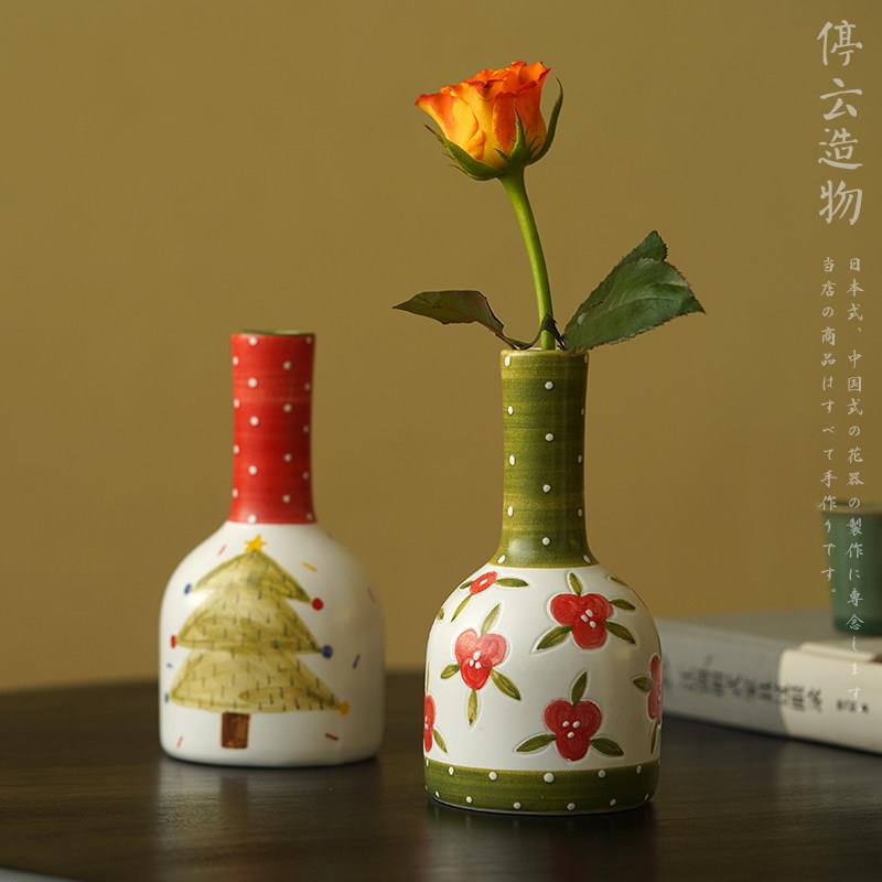 景德镇手绘陶瓷小花瓶复古插花花器家居客厅摆件喜庆新婚装饰品