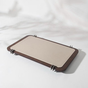 新中式编织皮木托盘摆件酒店民宿客厅样板间极简风方形盘子摆设