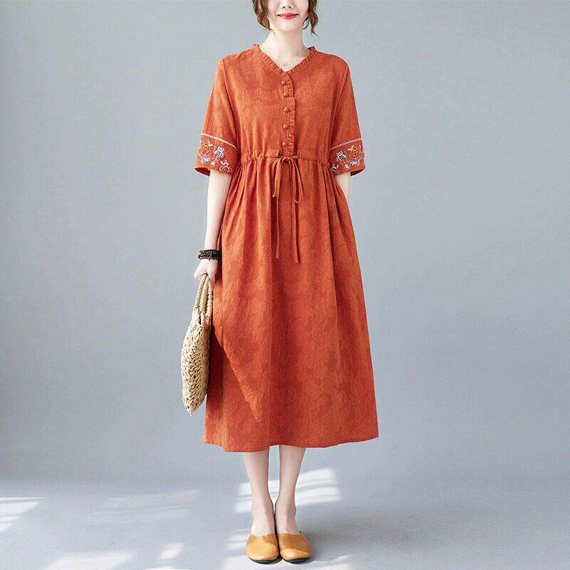 棉麻洋装女2025夏季新款宽松显瘦大尺码中年妈妈高端亚麻料中长裙
