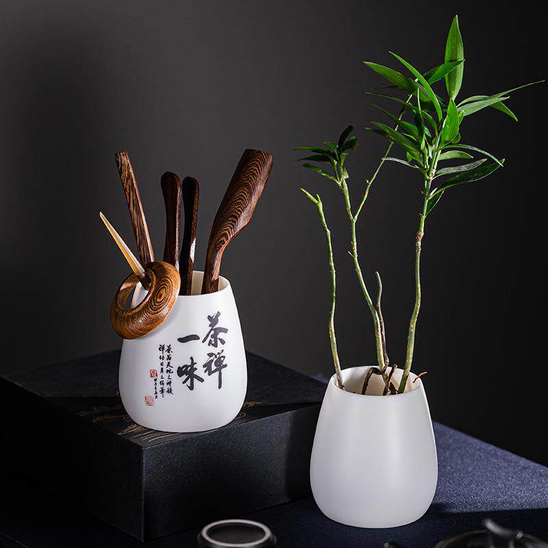 赢匠羊脂玉德化白瓷实木茶道六君子套装陶瓷多功能收纳桶花瓶配件