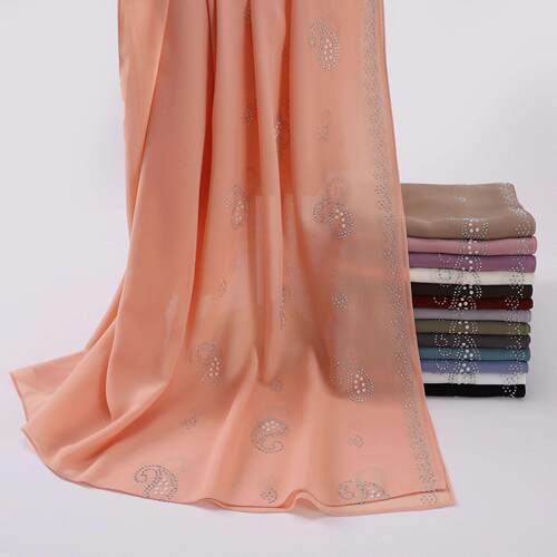 Pearl Chiffon Cashew Hot Diamond Long Scarf雪纺腰果烫钻长巾
