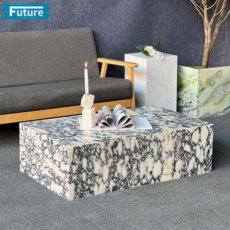 简约轻奢天然紫色大理石咖啡桌客厅长方形茶几家用装饰卡紫桌子