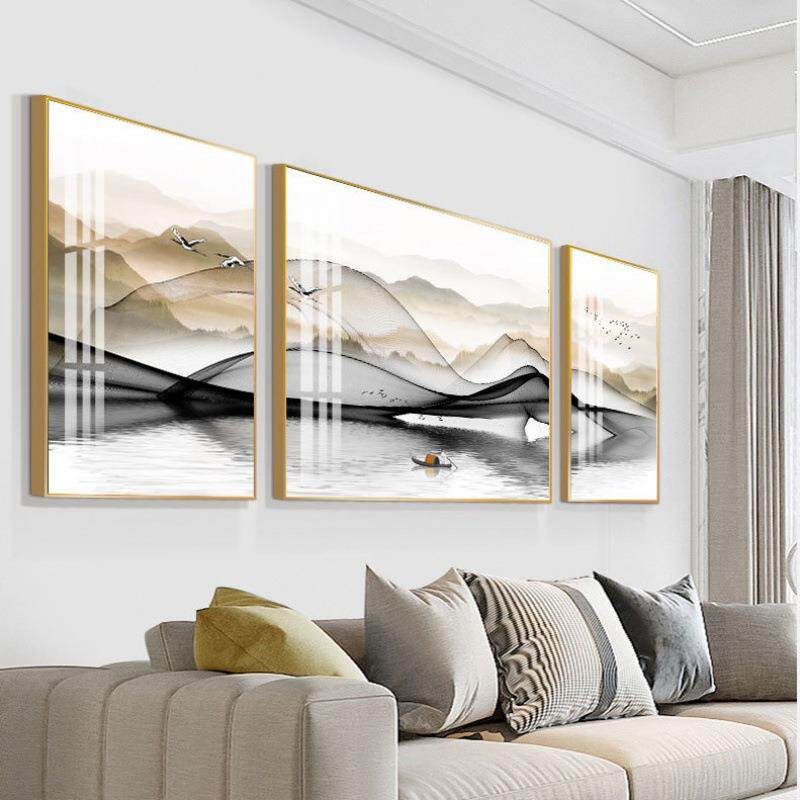 新款直销客厅装饰画山水画沙发背景墙轻奢壁画三联晶瓷新中式现代