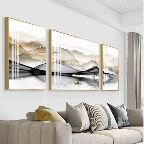 新款直销客厅装饰画山水画沙发背景墙轻奢壁画三联晶瓷新中式现代
