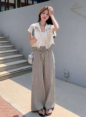 现货：夏装新款薄款衬衫＋条纹阔腿裤两件套装2C135-5091P110K168