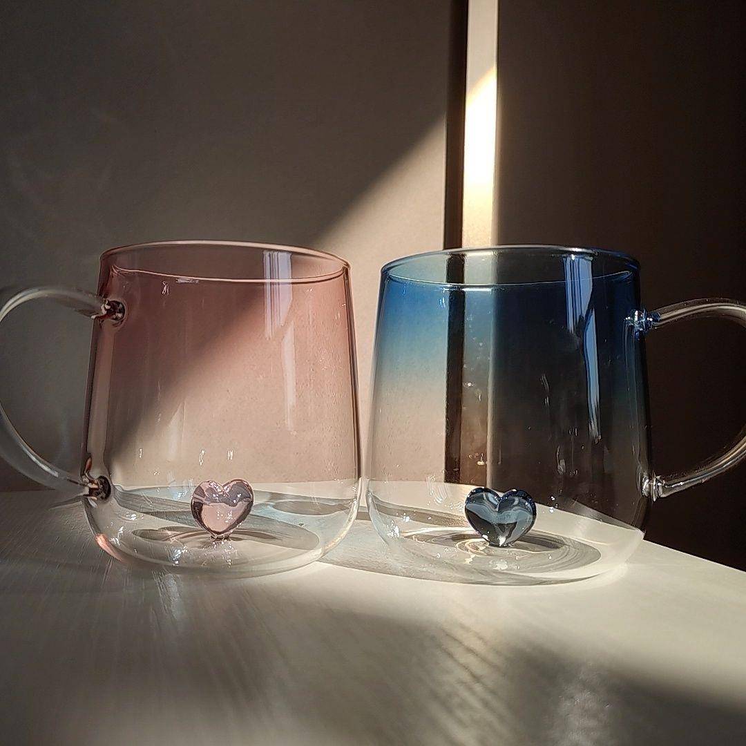 情侣对杯爱心渐层水杯情侣杯耐高温玻璃杯家用早餐杯牛奶杯小众