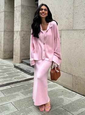 Knitted long sleeved cardigan+camisole+midi skirt set,