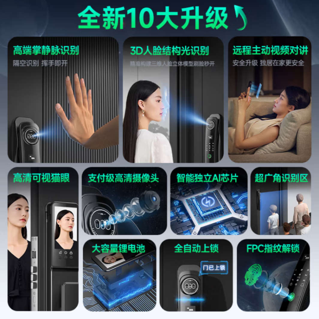 英典YINGDIAN R10智能门锁指纹锁3D人脸全自动密码锁入户门电子锁