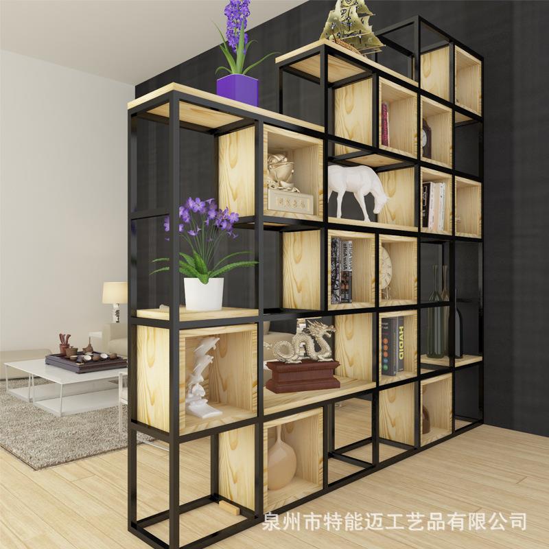 美式铁艺隔断置物架工业风书架实木格架客厅loft落地展示格子架