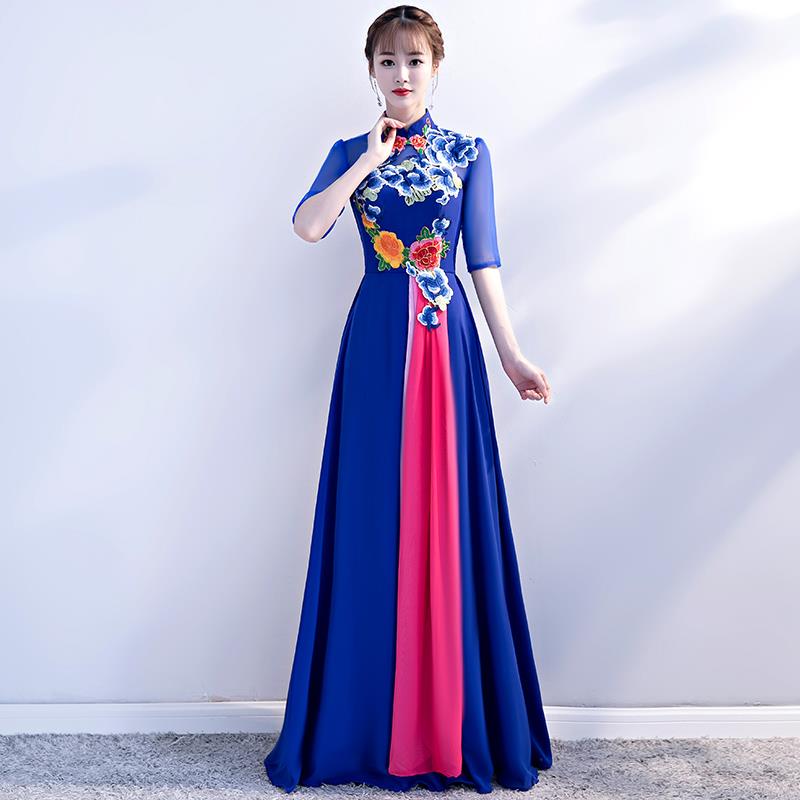 高档修身旗宴袍长裙礼会晚礼服团大合唱舞台成人朗诵表演服装演出图片