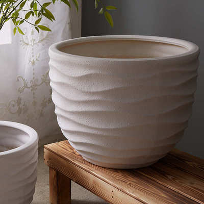 花园条纹简约花盆陶瓷透气盆栽摆件商场酒店庭院户外现代宽口