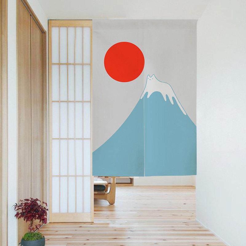 日式和风富士山猫咪家用卧室隔断帘子化妆室厨房遮挡挂帘门帘布艺