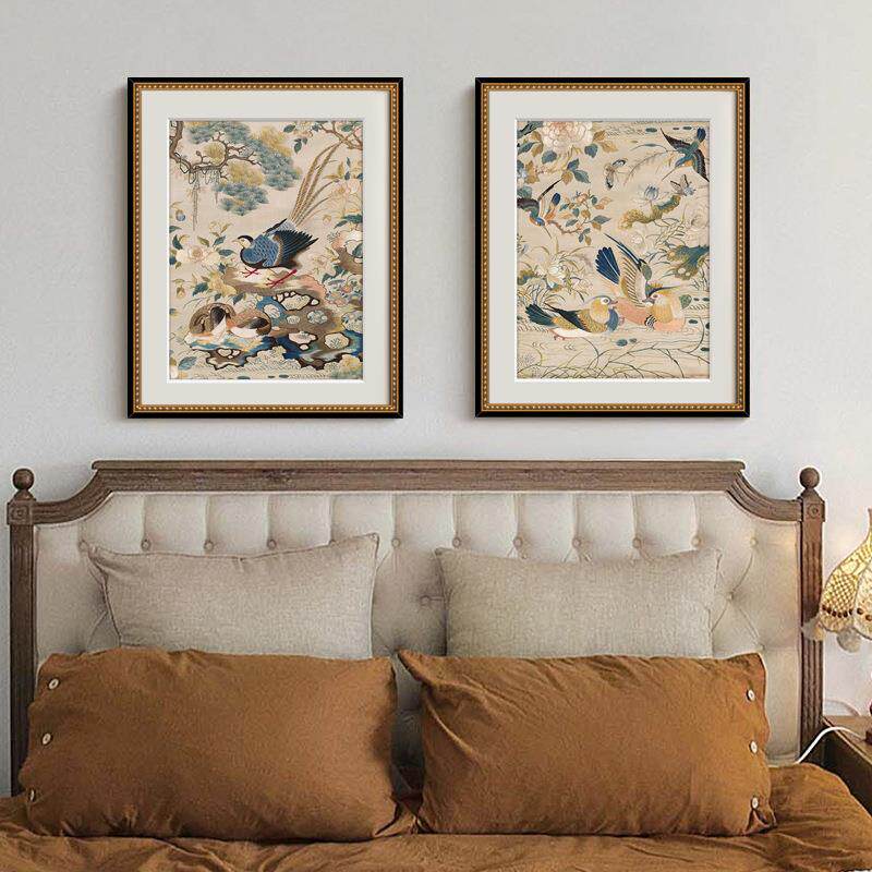 新款直销法式中古装饰画中式卧室挂画日式餐厅两联画中国风花鸟祥
